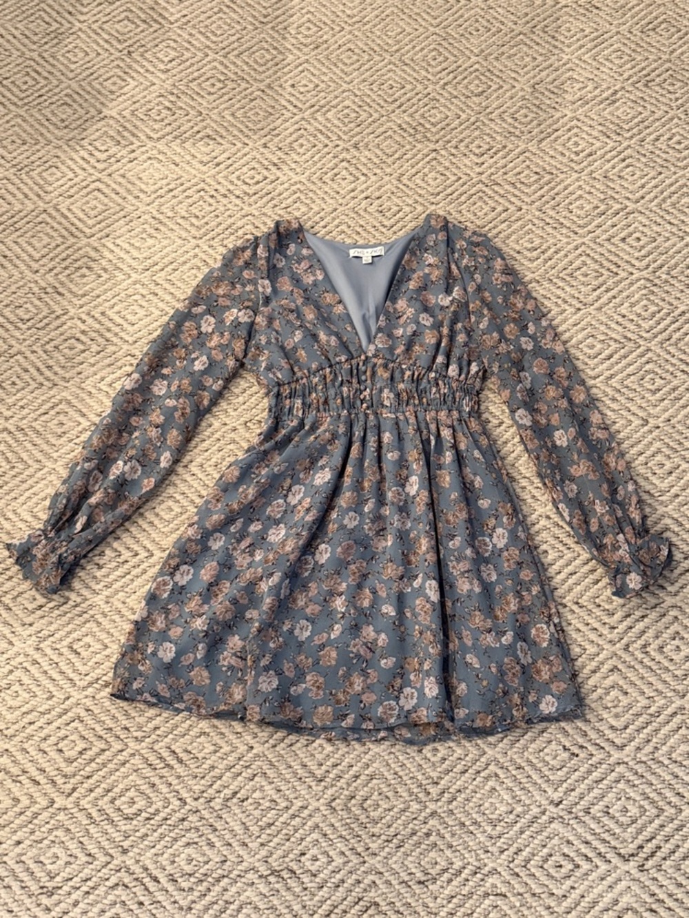 Blue Floral Long-Sleeve Smocked-Waist Mini Dress